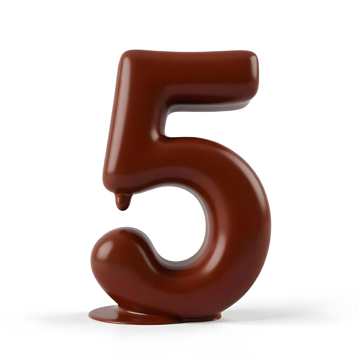 A Chocolate Number Five With A Glossy Finish Standing Upright With A Small Drip Of Chocolate Hanging From The Curve Isolated On A White Background 43 7233
