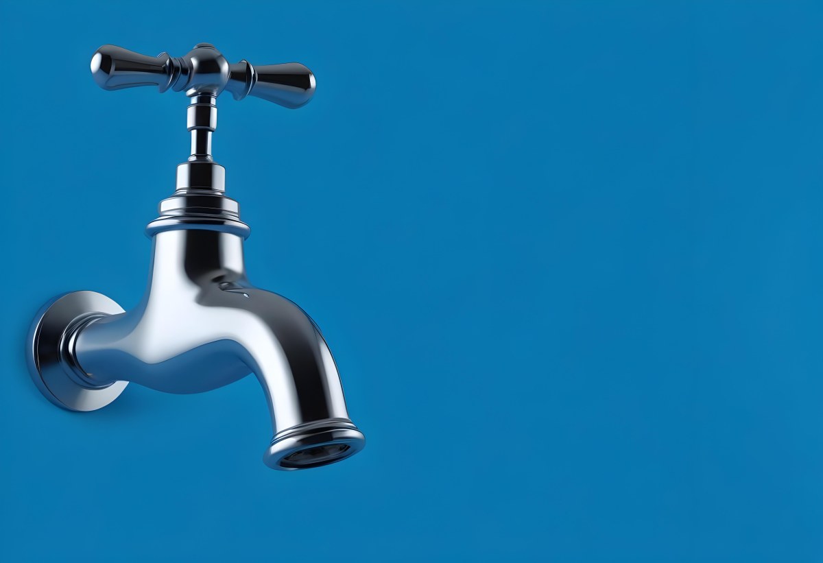 A Chrome Faucet With A Cross Handle Clean And Shiny On A Blue Background Water Conservation Concept Plumbing Fixture Modern Design Minimalist 7 1141