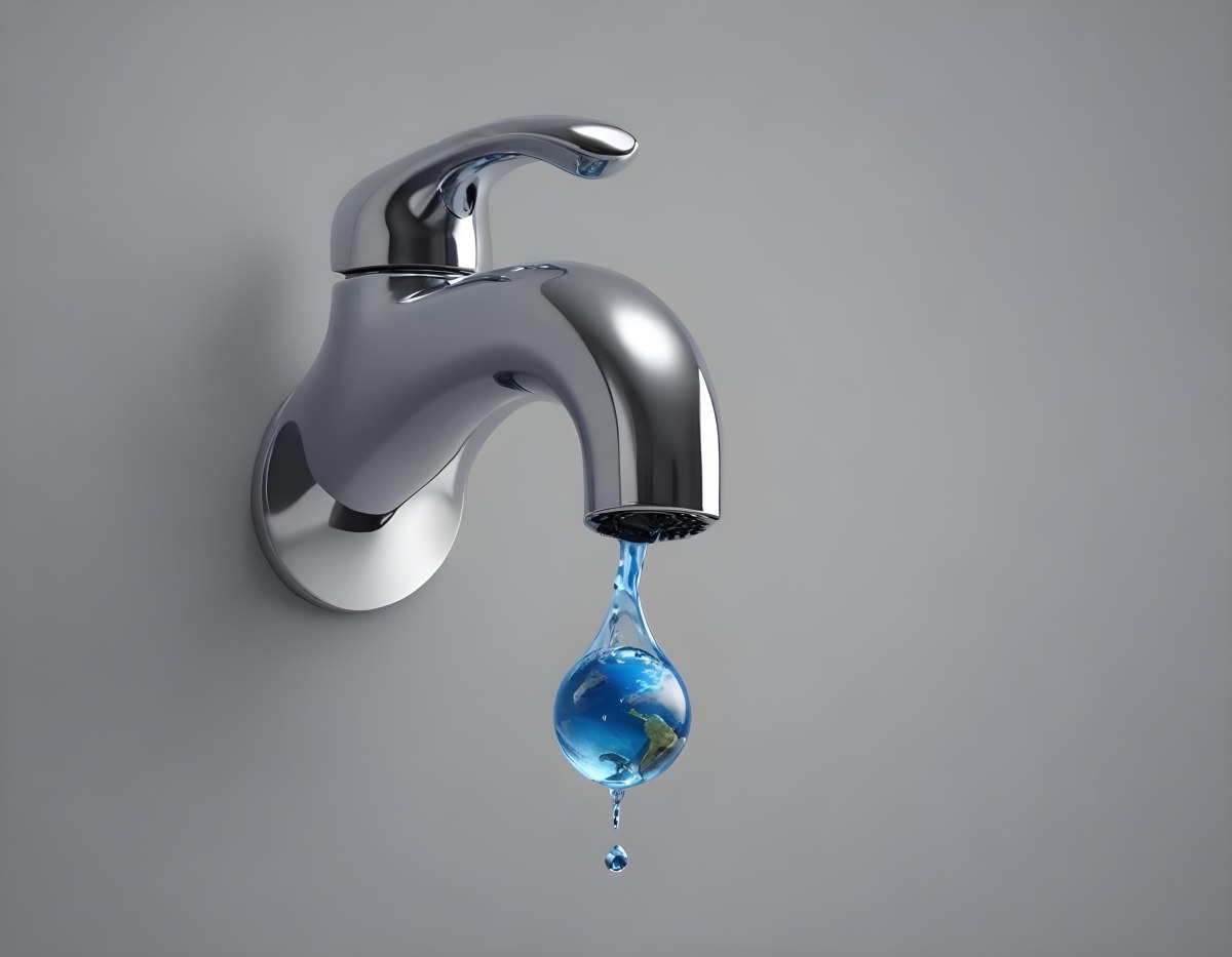 A Chrome Faucet With A Drop Of Water Shaped Like The Earth On A Gray Background Water Conservation Concept Water Scarcity Global Warming 2 80f5