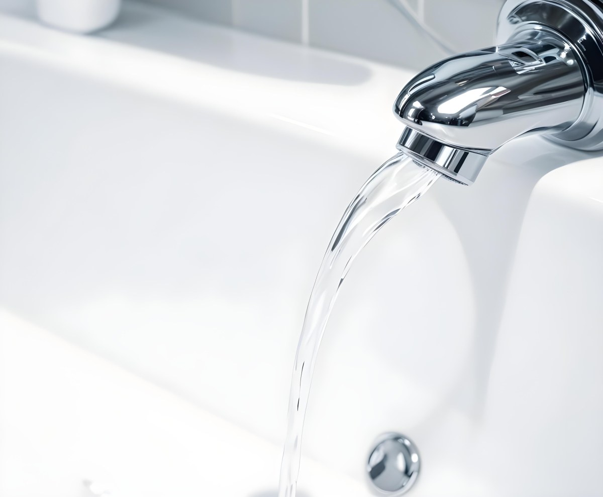 A Chrome Faucet With Water Running Into A White Sink The Background Is White 7 29b1