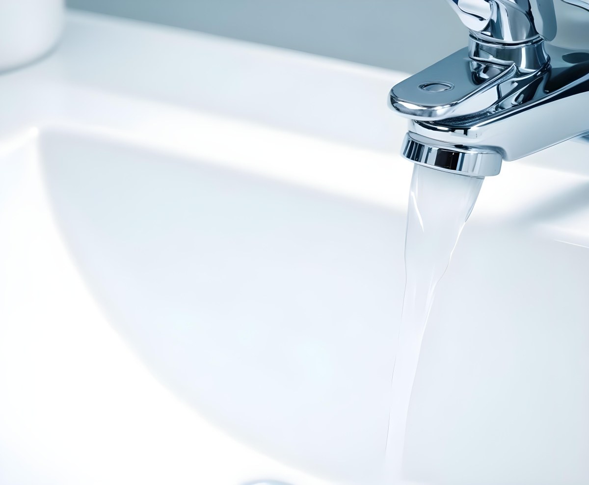 A Chrome Faucet With Water Running Into A White Sink The Background Is White 9 1489