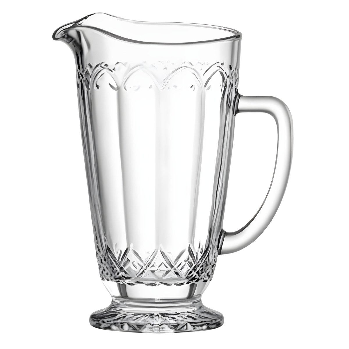 A Clear Glass Pitcher With A Handle And A Spout With A Decorative Pattern On The Bottom In A White Background 11 Bec7