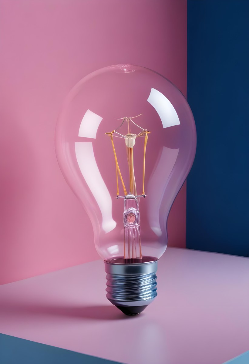 A Clear Light Bulb Lying On A Pink Surface With A Blue Background The Bulb Has A Classic Filament Design Visible Inside The Color Contrast Between The Pink And Blue Creates A Vibrant Aesthetic 11 A238