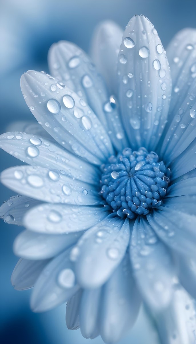 A Close Up Of A Blue Daisy Flower With Water Droplets On The Petals Against A Blurred Blue Background 1 Bc1c