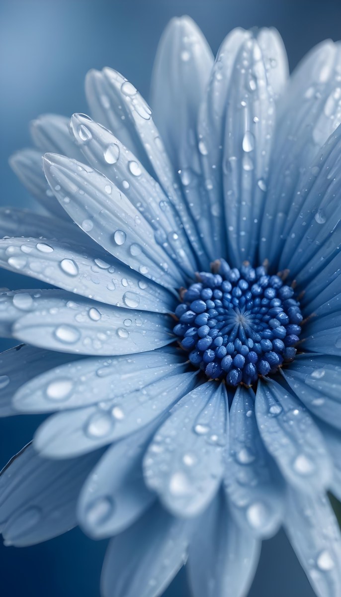 A Close Up Of A Blue Daisy Flower With Water Droplets On The Petals Against A Blurred Blue Background 10 Be50