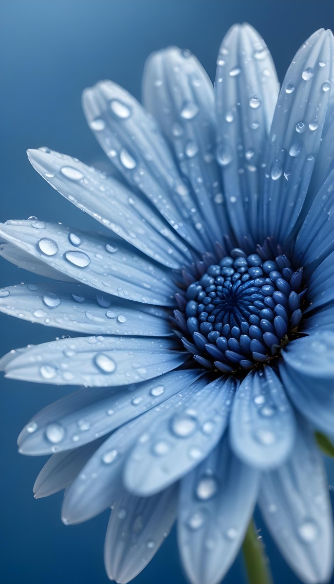 A Close Up Of A Blue Daisy Flower With Water Droplets On The Petals Against A Blurred Blue Background 11 5545