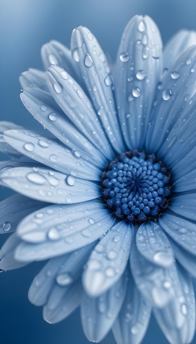 A Close Up Of A Blue Daisy Flower With Water Droplets On The Petals Against A Blurred Blue Background 13 B019