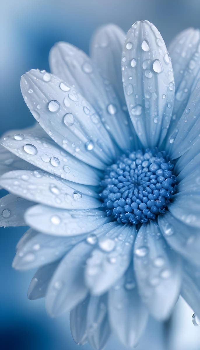 A Close Up Of A Blue Daisy Flower With Water Droplets On The Petals Against A Blurred Blue Background 16 Bb5f