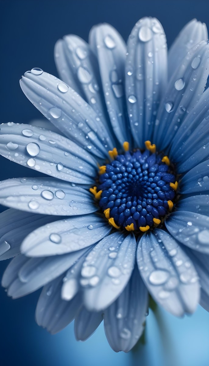 A Close Up Of A Blue Daisy Flower With Water Droplets On The Petals Against A Blurred Blue Background 2 87f4