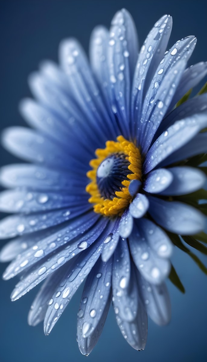A Close Up Of A Blue Daisy Flower With Water Droplets On The Petals Against A Blurred Blue Background 4 530f