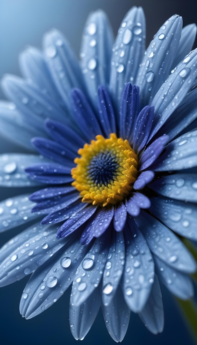 A Close Up Of A Blue Daisy Flower With Water Droplets On The Petals Against A Blurred Blue Background 5 4b05
