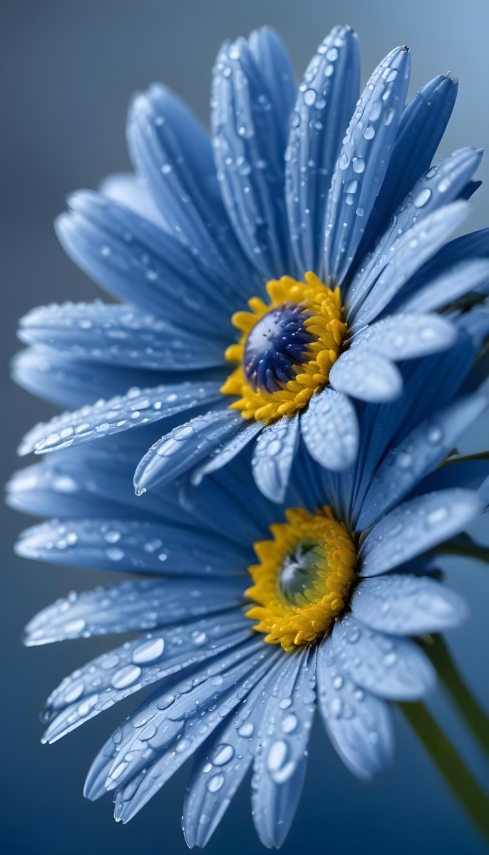 A Close Up Of A Blue Daisy Flower With Water Droplets On The Petals Against A Blurred Blue Background 6 9f74