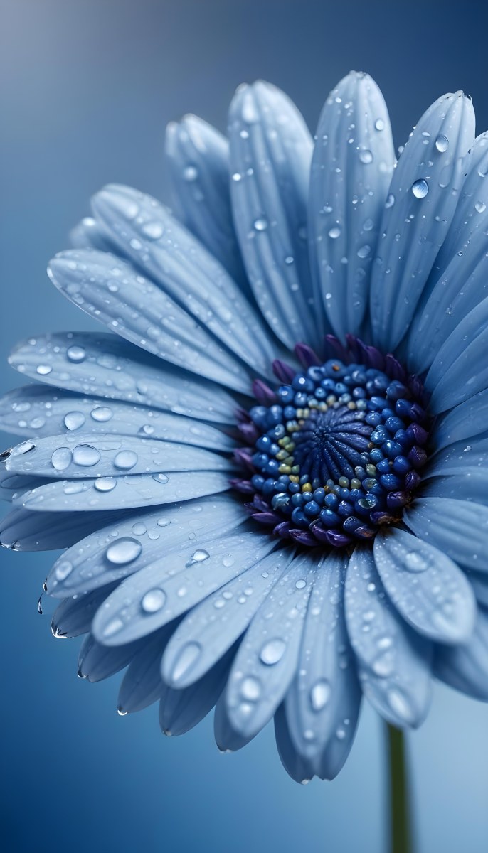 A Close Up Of A Blue Daisy Flower With Water Droplets On The Petals Against A Blurred Blue Background 7 3598
