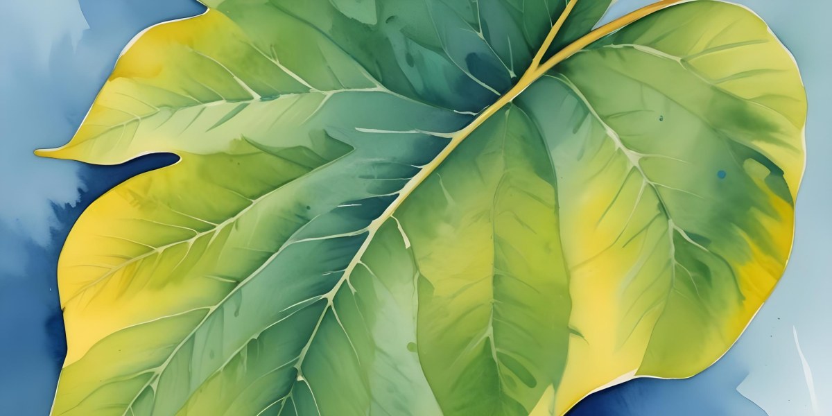 A Close Up Of A Large Green Leaf With Prominent Veins And A Vibrant Lush Texture Featuring A Large Yellow Leaf With Subtle Veins And A Smooth Texture Set Against A Bright Blue Sky 43 0fbb