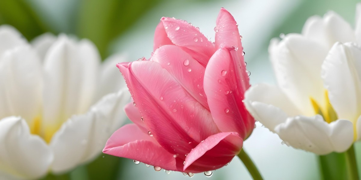 A Close Up Of A Pink Tulip Flower With Water Droplets On The Petals Against A Blurred Green Background 7 D428