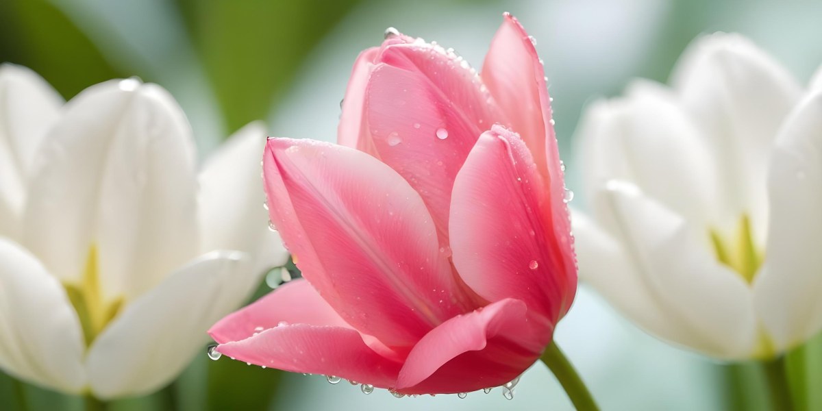 A Close Up Of A Pink Tulip Flower With Water Droplets On The Petals Against A Blurred Green Background 8 32b0