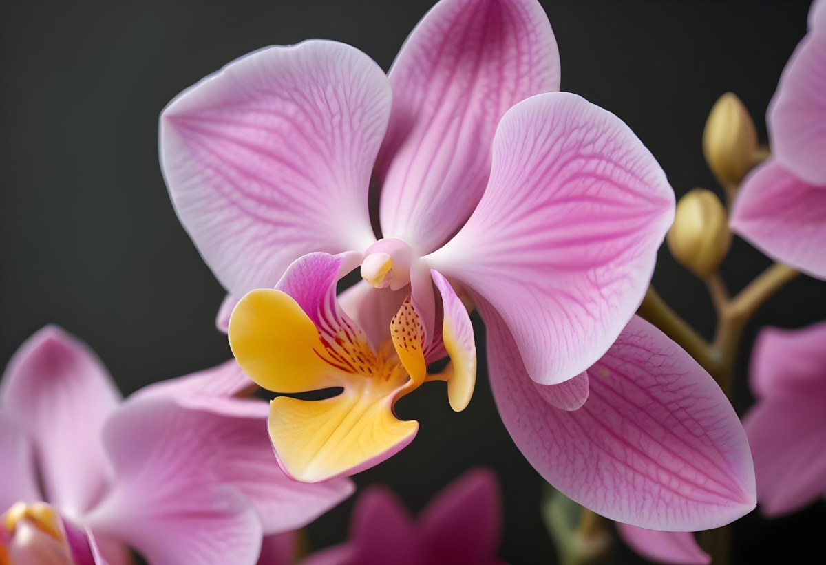 A Close Up Of A Single Pink Orchid Flower With Delicate Petals And A Yellow Center 16 B8ae