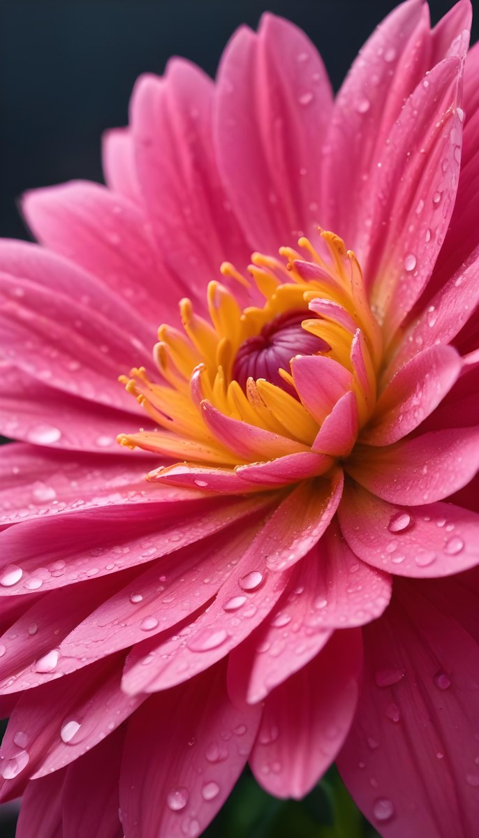 A Close Up Of A Vibrant Pink Flower With Water Droplets On The Petals And A Bright Yellow Center 1 187d