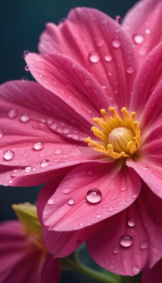 A Close Up Of A Vibrant Pink Flower With Water Droplets On The Petals And A Bright Yellow Center 10 277e