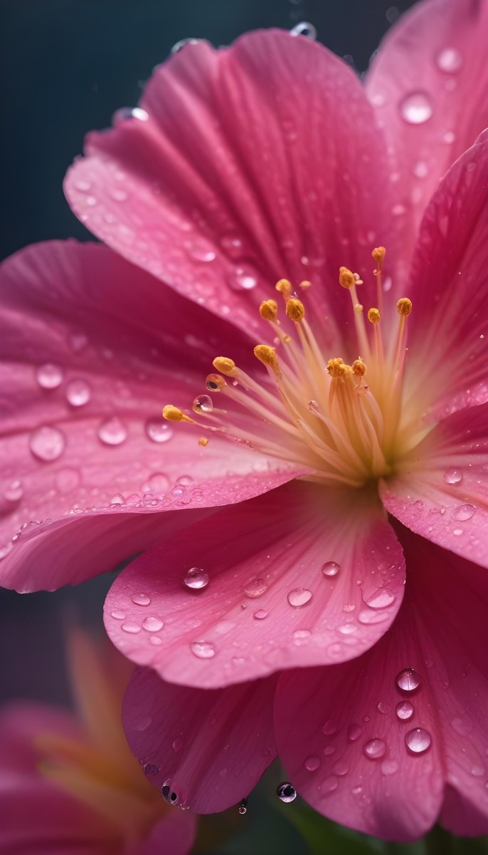 A Close Up Of A Vibrant Pink Flower With Water Droplets On The Petals And A Bright Yellow Center 12 73a2