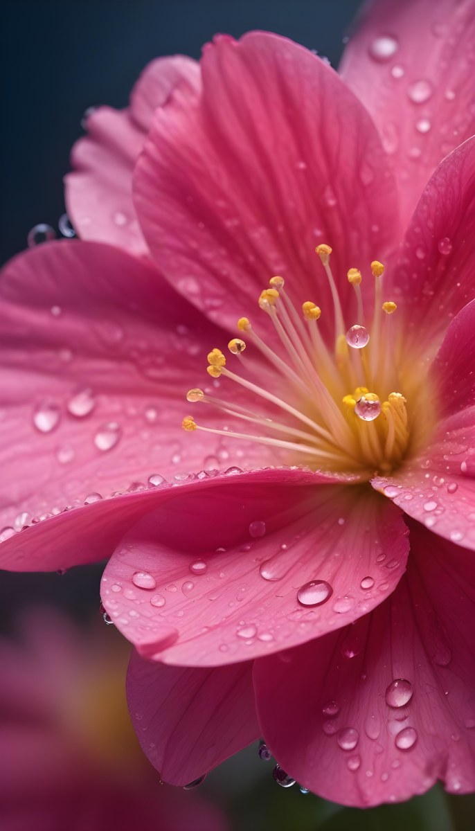 A Close Up Of A Vibrant Pink Flower With Water Droplets On The Petals And A Bright Yellow Center 2 1391