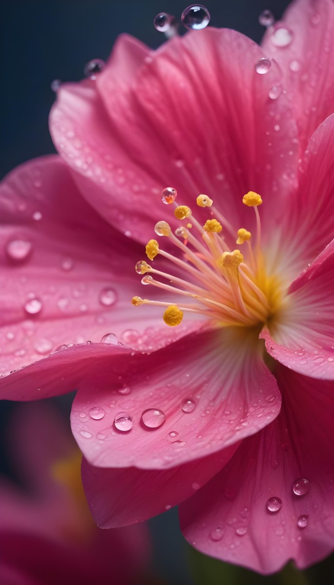 A Close Up Of A Vibrant Pink Flower With Water Droplets On The Petals And A Bright Yellow Center 3 9598
