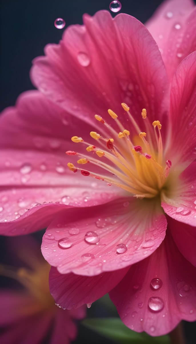 A Close Up Of A Vibrant Pink Flower With Water Droplets On The Petals And A Bright Yellow Center 4 5120