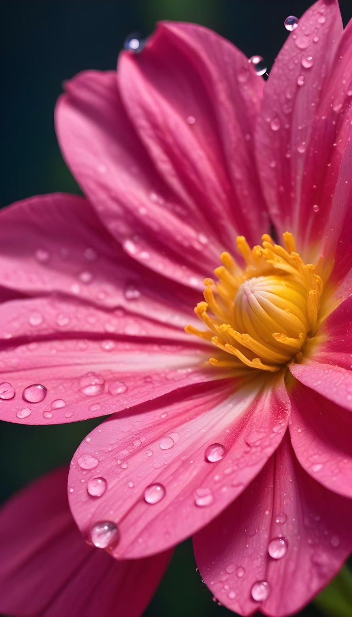 A Close Up Of A Vibrant Pink Flower With Water Droplets On The Petals And A Bright Yellow Center 6 A509