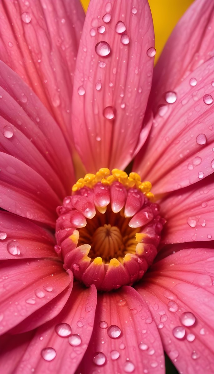 A Close Up Of A Vibrant Pink Flower With Water Droplets On The Petals And A Bright Yellow Center 7 5f63