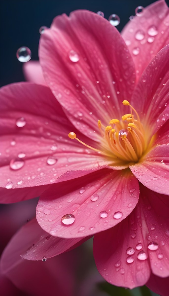 A Close Up Of A Vibrant Pink Flower With Water Droplets On The Petals And A Bright Yellow Center 8 09c7