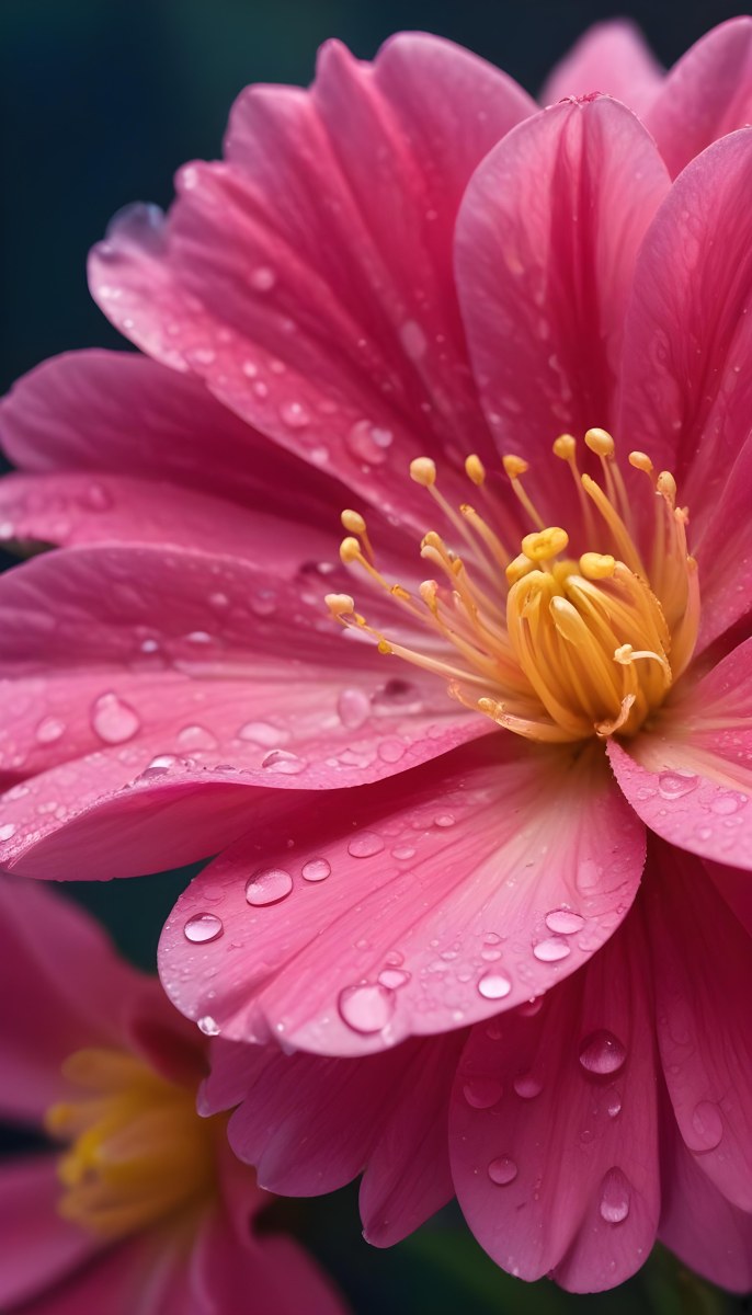 A Close Up Of A Vibrant Pink Flower With Water Droplets On The Petals And A Bright Yellow Center 9 77dc