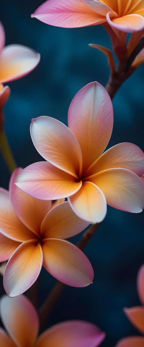 A Close Up Of A Vibrant Plumeria Flower With Soft Delicate Petals In Shades Of Orange Pink And Blue The Flower Appears To Be In Full Bloom Against A Blurred Dark Background 1 50dc