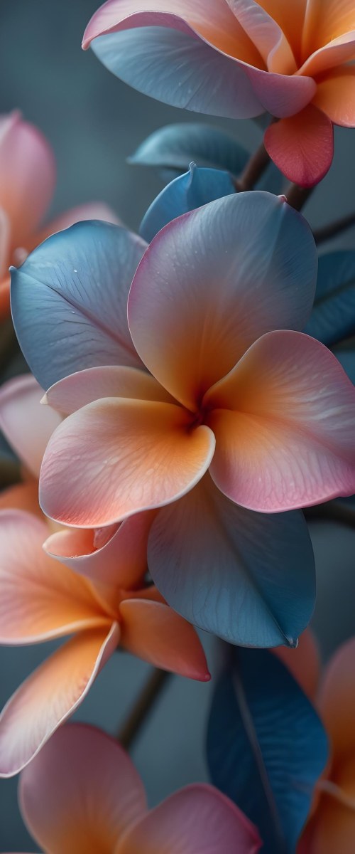 A Close Up Of A Vibrant Plumeria Flower With Soft Delicate Petals In Shades Of Orange Pink And Blue The Flower Appears To Be In Full Bloom Against A Blurred Dark Background 13 6855