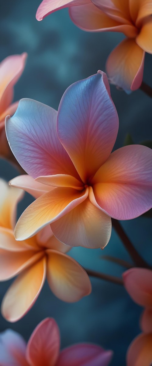 A Close Up Of A Vibrant Plumeria Flower With Soft Delicate Petals In Shades Of Orange Pink And Blue The Flower Appears To Be In Full Bloom Against A Blurred Dark Background 16 7049