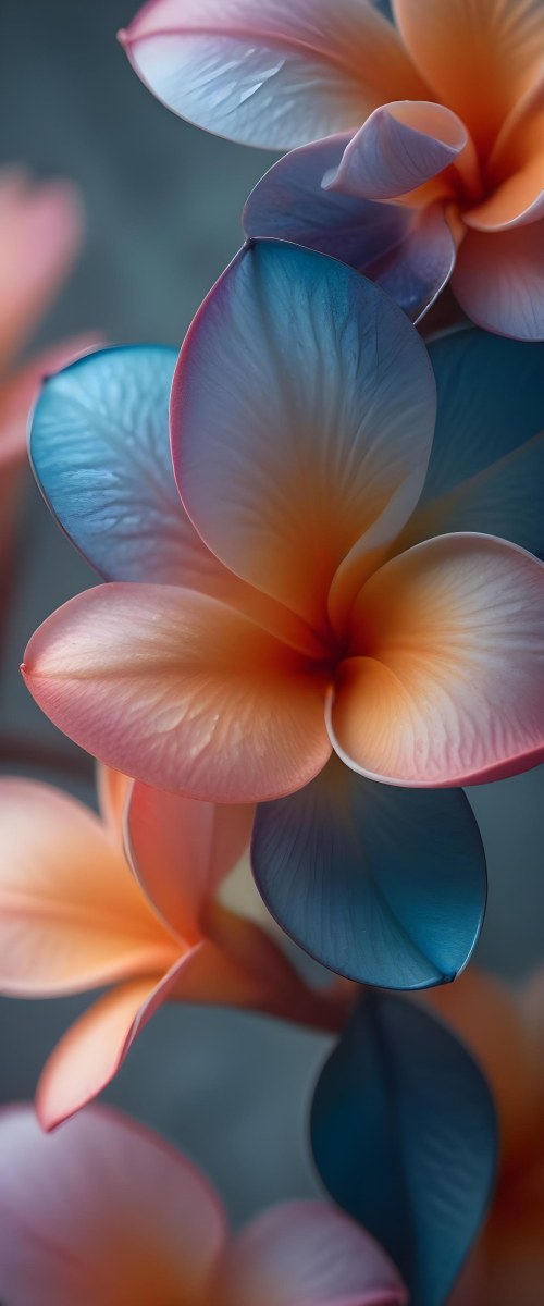 A Close Up Of A Vibrant Plumeria Flower With Soft Delicate Petals In Shades Of Orange Pink And Blue The Flower Appears To Be In Full Bloom Against A Blurred Dark Background 17 60fd