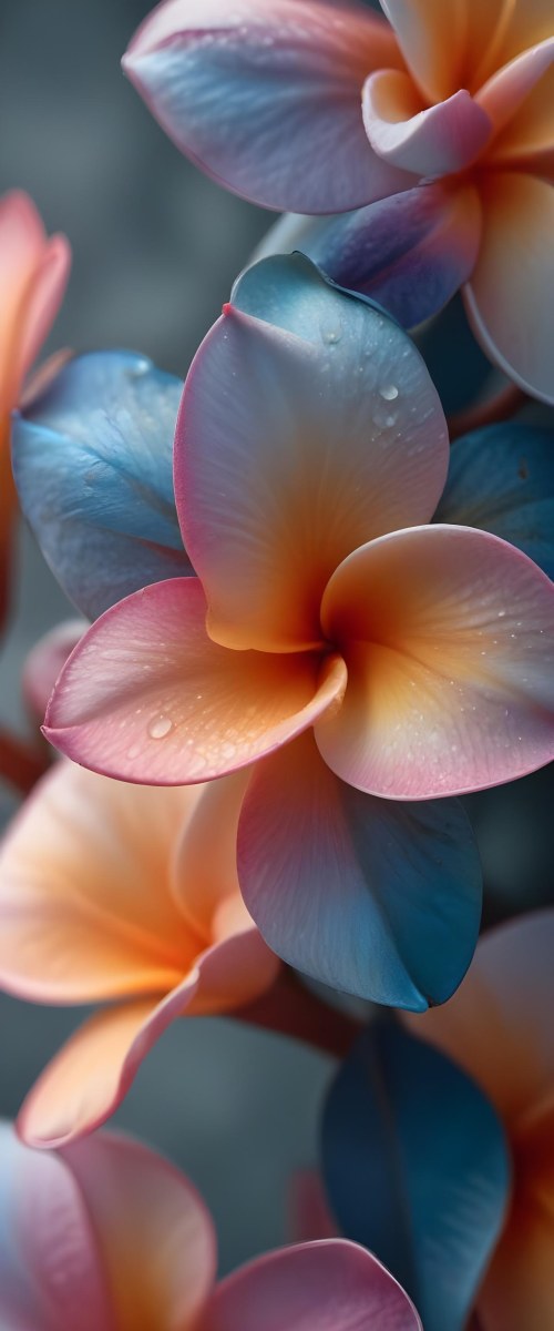 A Close Up Of A Vibrant Plumeria Flower With Soft Delicate Petals In Shades Of Orange Pink And Blue The Flower Appears To Be In Full Bloom Against A Blurred Dark Background 19 570d