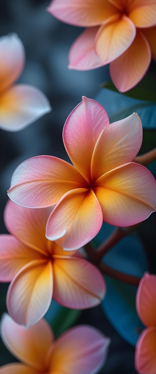 A Close Up Of A Vibrant Plumeria Flower With Soft Delicate Petals In Shades Of Orange Pink And Blue The Flower Appears To Be In Full Bloom Against A Blurred Dark Background 21 Ba7c