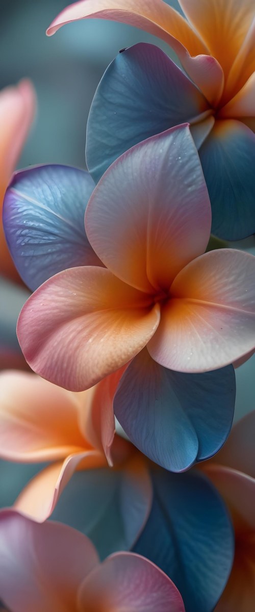 A Close Up Of A Vibrant Plumeria Flower With Soft Delicate Petals In Shades Of Orange Pink And Blue The Flower Appears To Be In Full Bloom Against A Blurred Dark Background 22 79b2