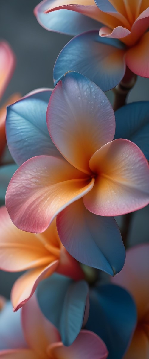 A Close Up Of A Vibrant Plumeria Flower With Soft Delicate Petals In Shades Of Orange Pink And Blue The Flower Appears To Be In Full Bloom Against A Blurred Dark Background 25 1aaf