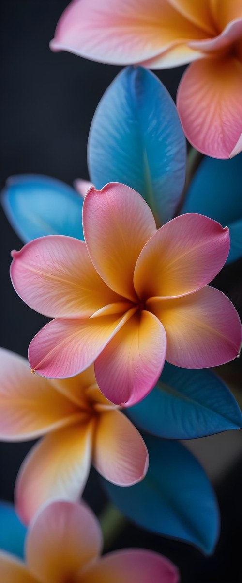 A Close Up Of A Vibrant Plumeria Flower With Soft Delicate Petals In Shades Of Orange Pink And Blue The Flower Appears To Be In Full Bloom Against A Blurred Dark Background 3 D934