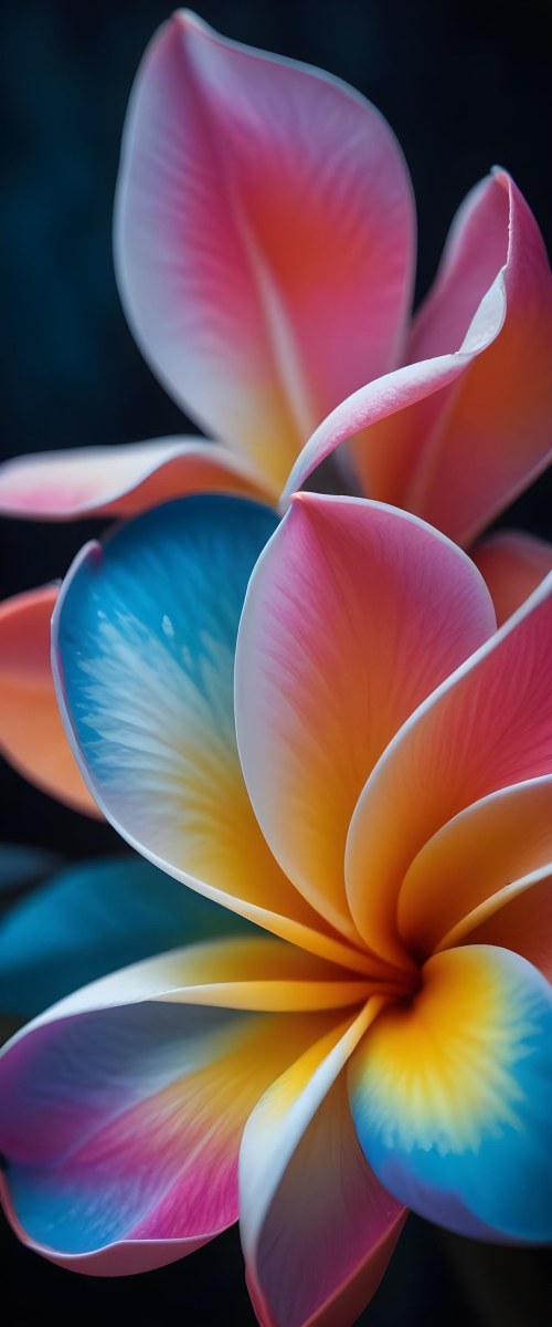 A Close Up Of A Vibrant Plumeria Flower With Soft Delicate Petals In Shades Of Orange Pink And Blue The Flower Appears To Be In Full Bloom Against A Blurred Dark Background 4 9b05