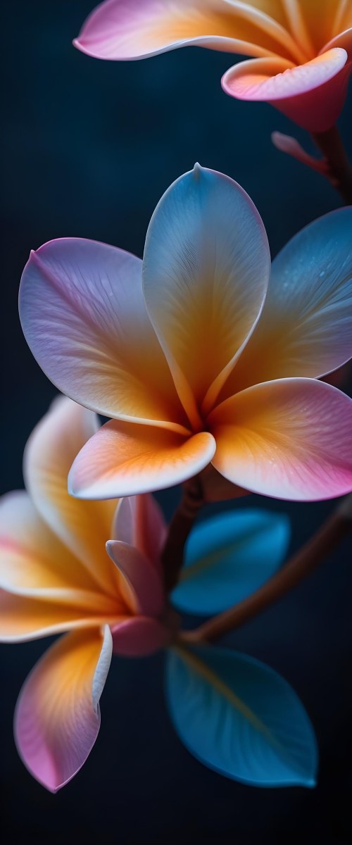 A Close Up Of A Vibrant Plumeria Flower With Soft Delicate Petals In Shades Of Orange Pink And Blue The Flower Appears To Be In Full Bloom Against A Blurred Dark Background 7 396c