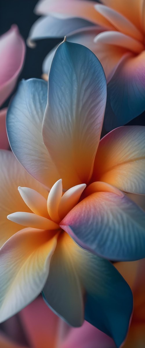 A Close Up Of A Vibrant Plumeria Flower With Soft Delicate Petals In Shades Of Orange Pink And Blue The Flower Appears To Be In Full Bloom Against A Blurred Dark Background 8 16f2