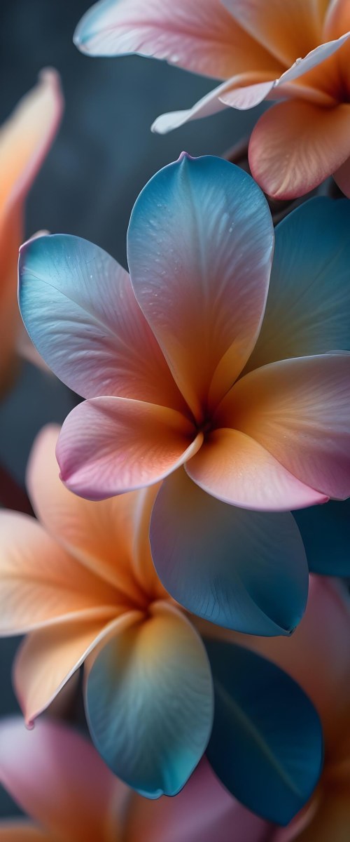 A Close Up Of A Vibrant Plumeria Flower With Soft Delicate Petals In Shades Of Orange Pink And Blue The Flower Appears To Be In Full Bloom Against A Blurred Dark Background 9 4584