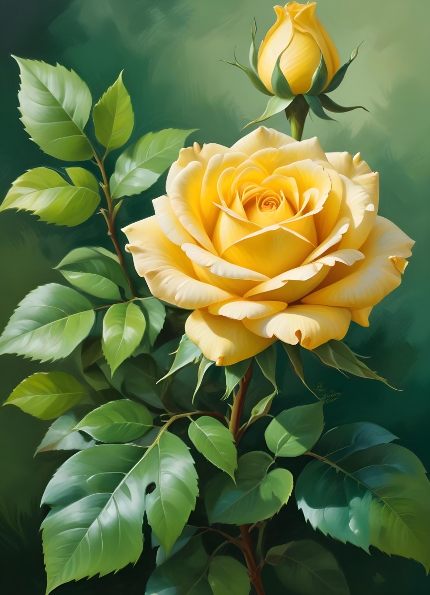 A Close Up Of A Vibrant Yellow Rose With Green Leaves Against A Blurred Green Background 3 8e1d