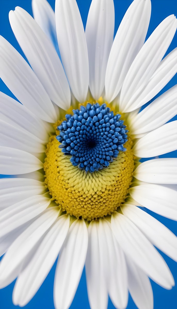 A Close Up Of A White Daisy Flower With Blue Center Against A Bright Blue Background 5 Ac76