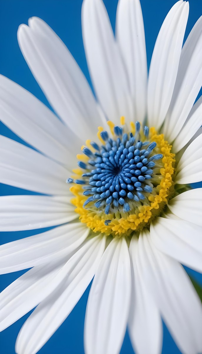 A Close Up Of A White Daisy Flower With Blue Center Against A Bright Blue Background 7 0e44