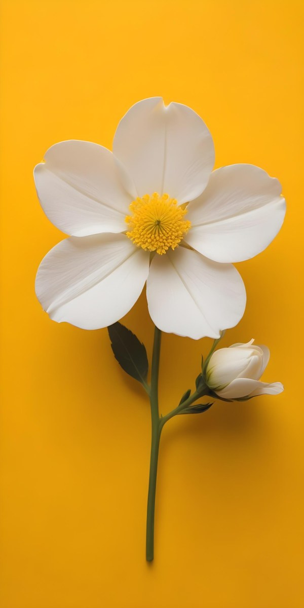 A Close Up Of A White Flower With A Yellow Center On A Yellow Background 7 1224