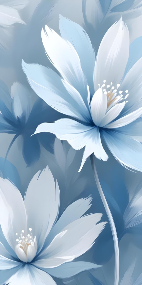 A Close Up View Of Large Delicate White Flowers With Soft Blue Petals Against A Pale Blue Background 6 49c4