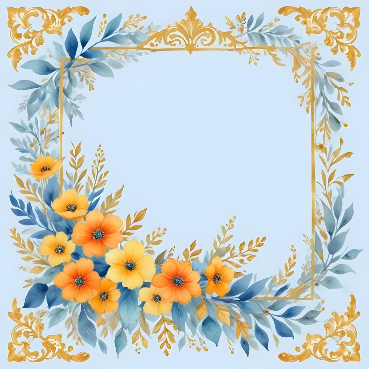 A Colorful Floral Frame With Vibrant Orange Yellow And Purple Flowers Surrounded By Green Leaves And Foliage Against A Dark Green Background 513 F959
